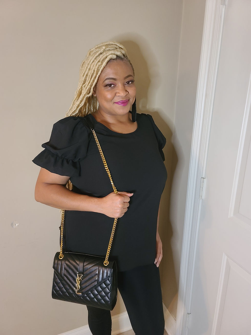 Thumbnail: Women's Black Blouse with Puffy Short Sleeve 
