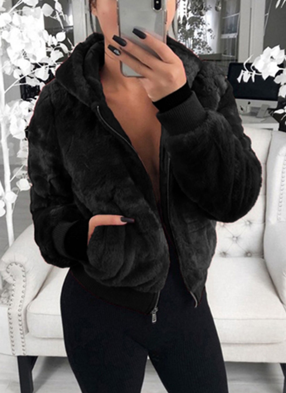 Thumbnail: Women's Faux Fur Hooded Bomber Jacket 