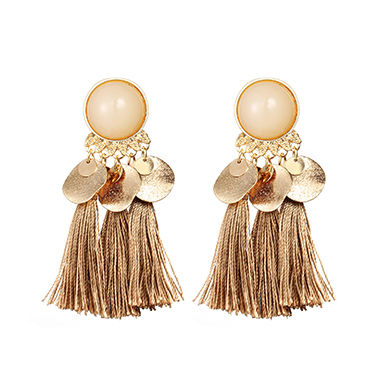 Thumbnail: Women's Pearl & Gold Triple Tassel Earrings 