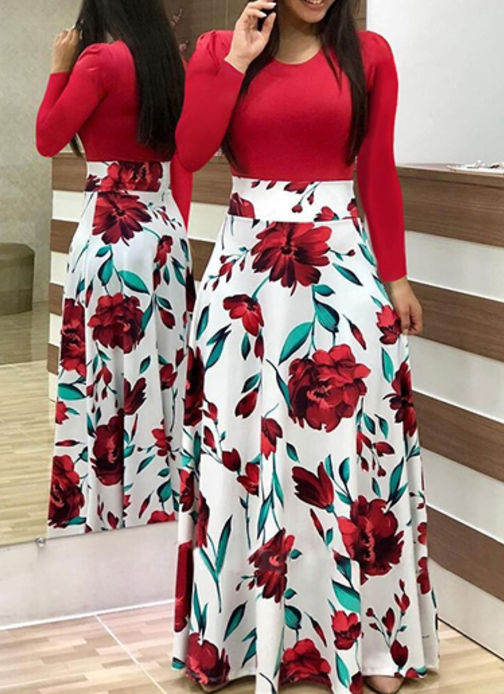 Thumbnail: Women's Two Tone Long Sleeve Maxi Dress