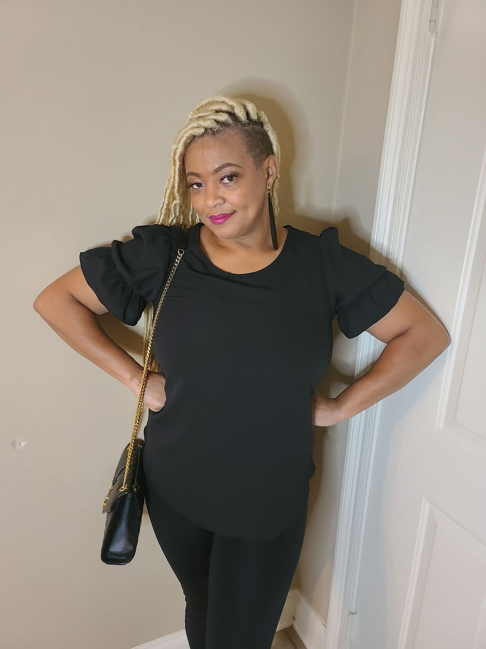 Thumbnail: Women's Black Blouse with Puffy Short Sleeve 