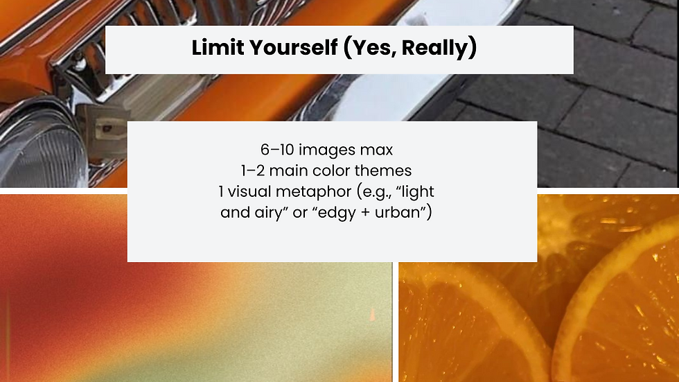 Collage of car, orange slices, and gradient with text "Limit Yourself (Yes, Really)" and instructions for image themes. Vibrant colors.