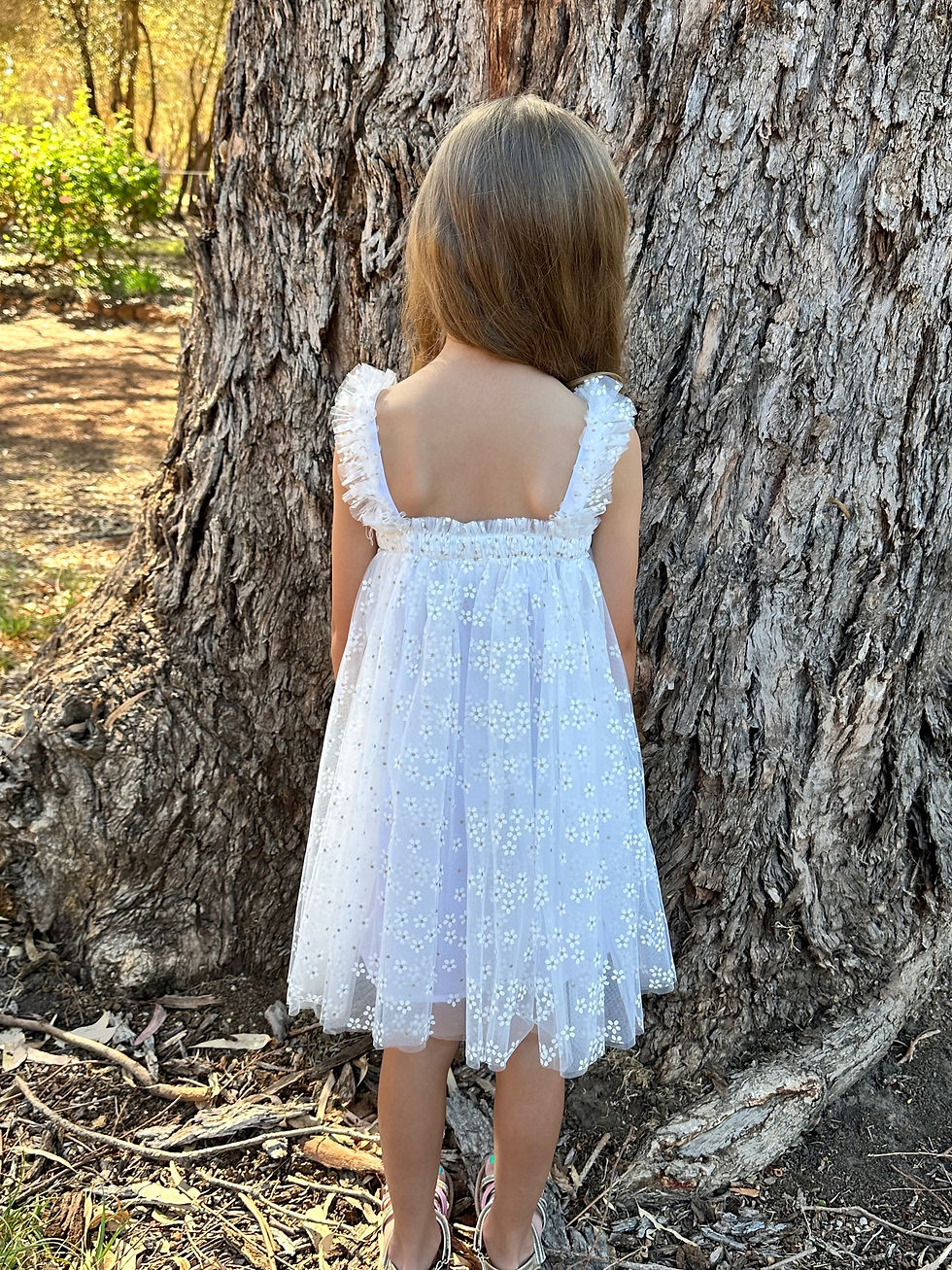 White Daisy Chain Girls Dress Back Showing Print and Tulle Detail