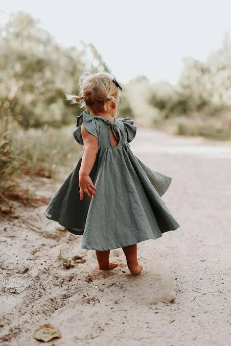 Thumbnail: Ocean Blue Green Flutter Sleeve Cotton Girls Dress