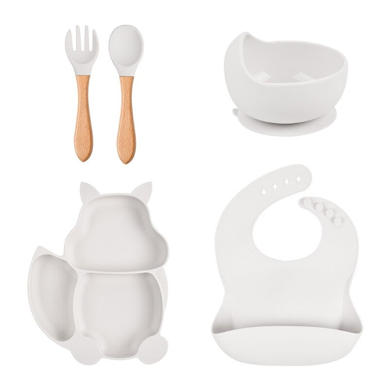 Thumbnail: Fox themed 5 Pcs Set - Bowl, Plate, Bib, Fork & Spoon