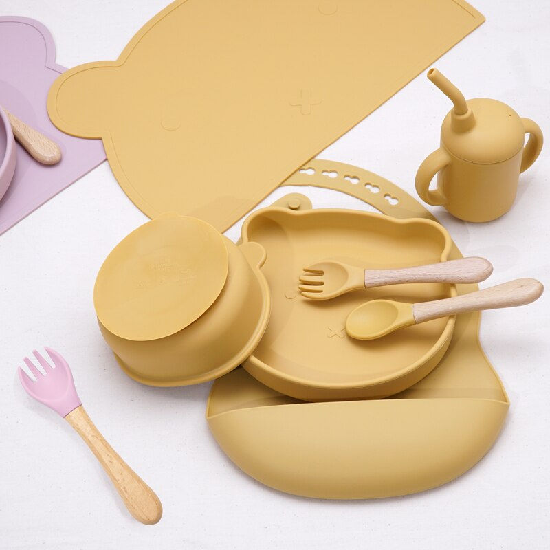 Thumbnail: Bear themed 7 Pcs Set - Bowl, Plate, Placemat, Bib, Sippy, Fork and Spoon