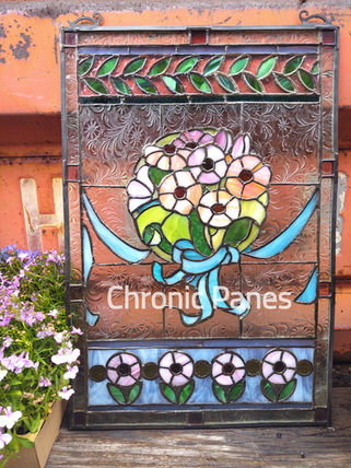 Chronic Panes Blue Ribbon Bouquet stained glass window.