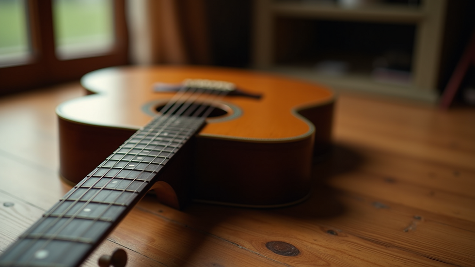Close-up view of a guitar resting on a wooden floor