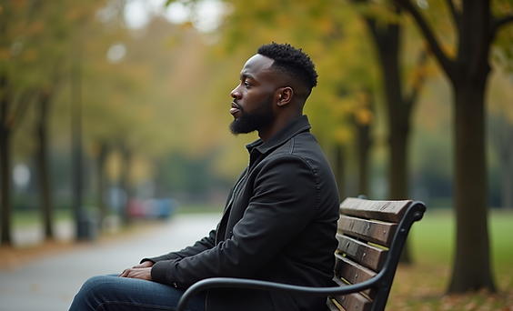 Man of Color sitting in a park thinking