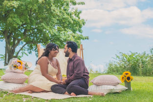 Indian couple engagement photoshoot during natural light picnic at a park in Toronto, Canada.