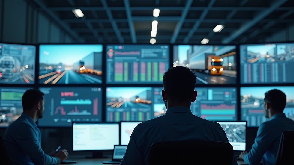 Eye-level view of a modern logistics control room with multiple screens displaying shipment data