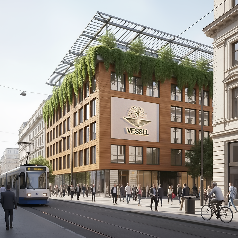 Concept illustration of a neighbourhood Vessel with planted terraces, a street-level entrance and a passing tram.