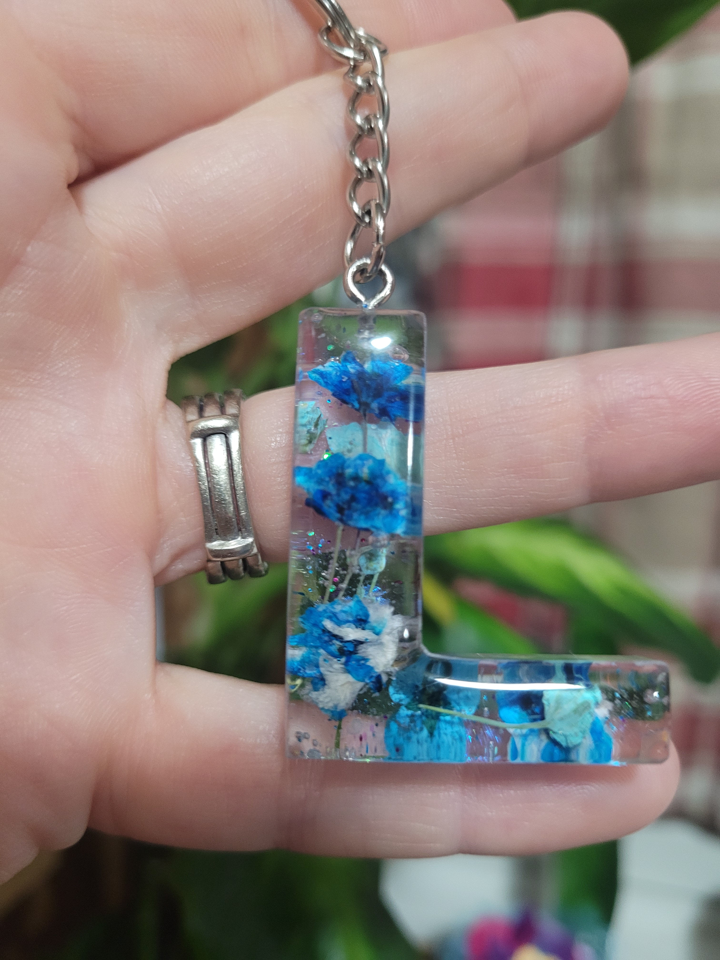 Letter L Keychain- Blue Flowers in Resin 