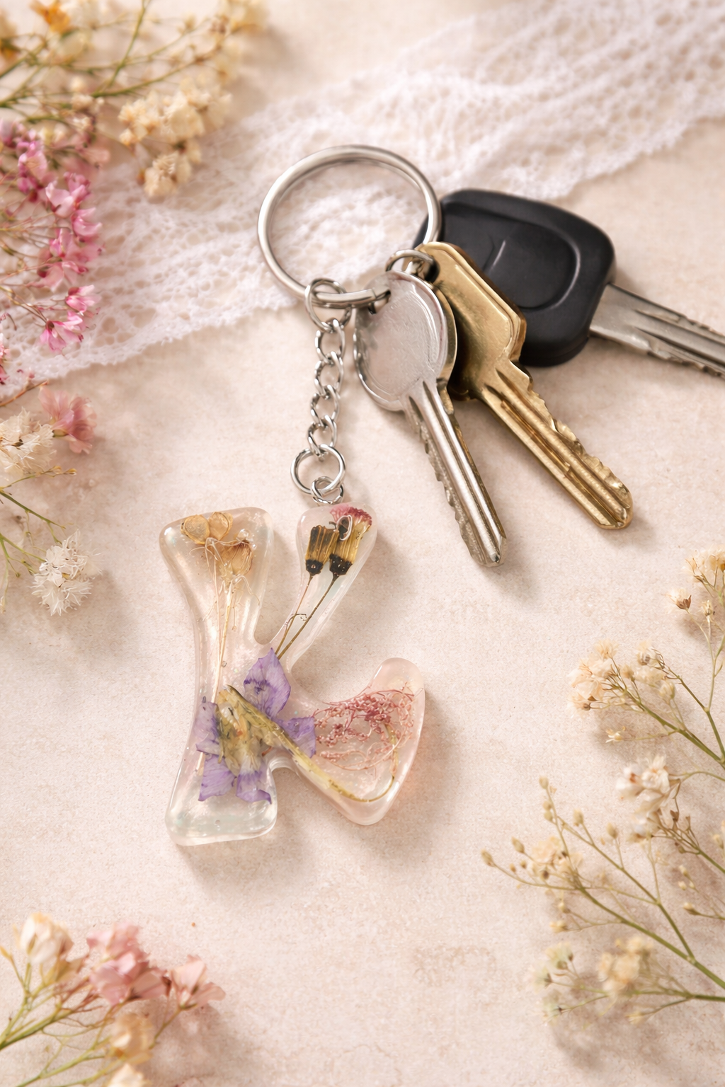 K letter Keychain- Resin - with real flowers inside