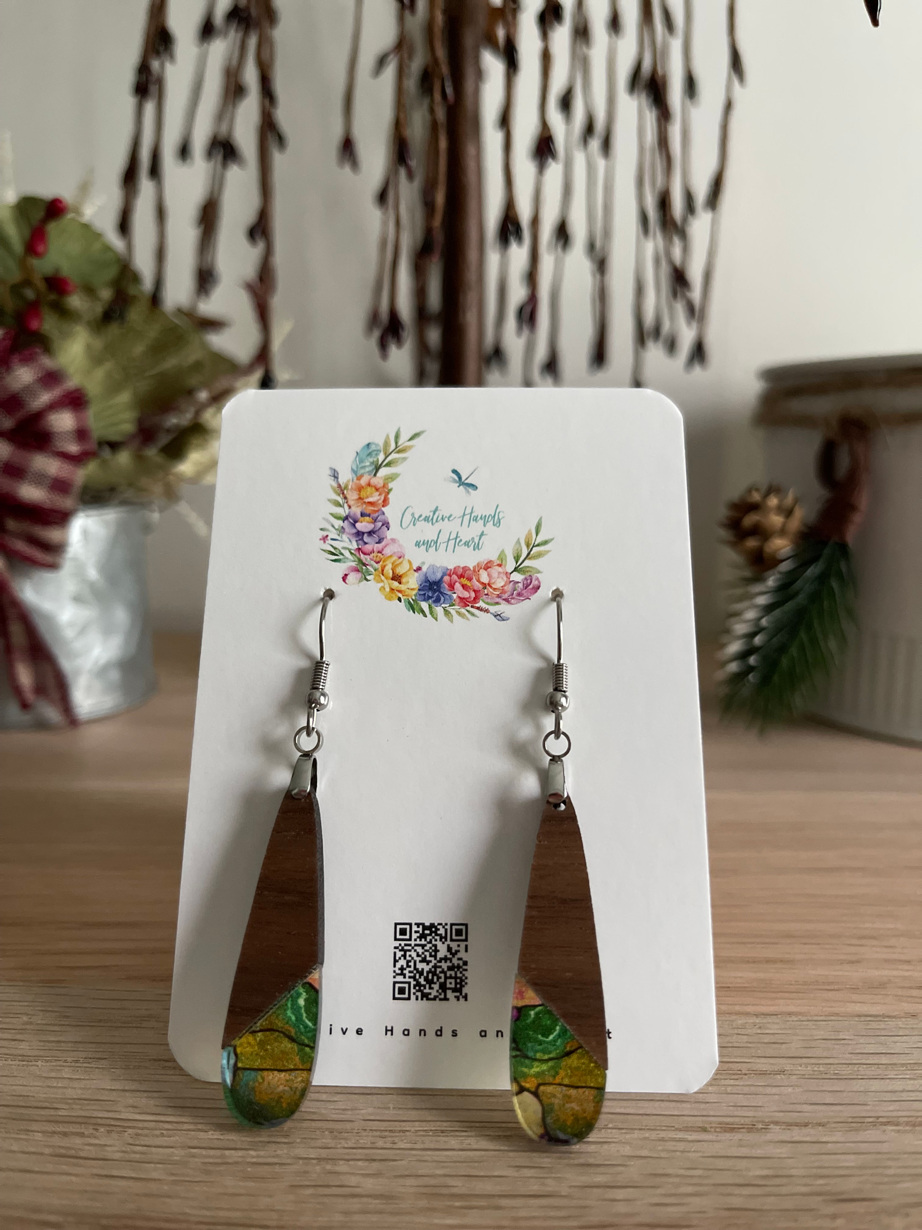 Handcrafted Wood and Stained Glass Acrylic Earrings