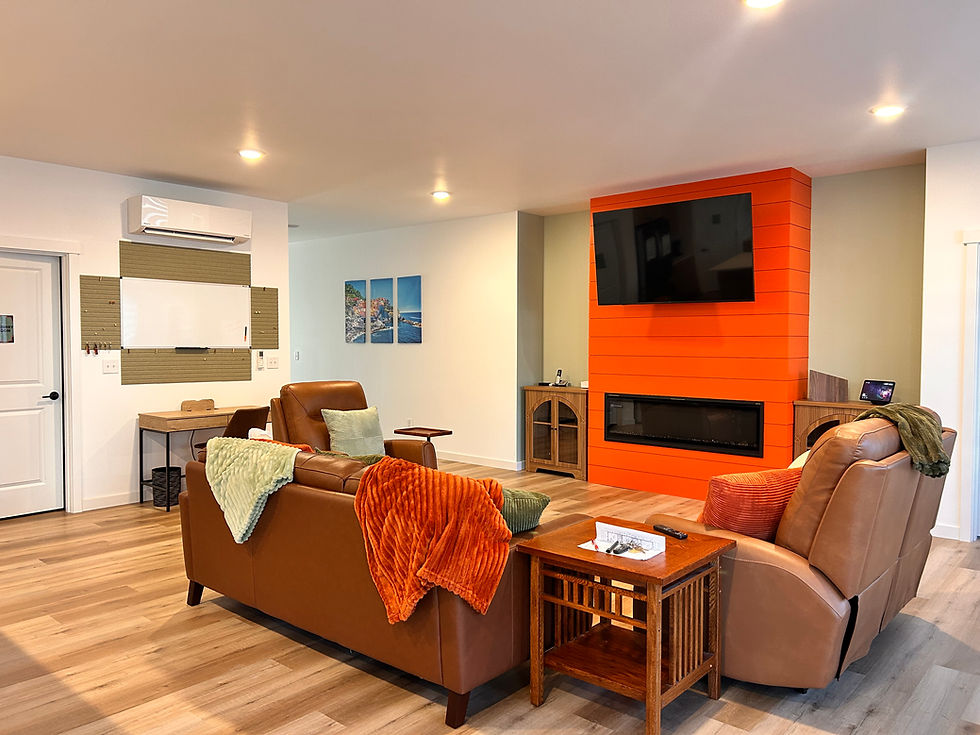 Shared living area at Madrona Nest with an orange fireplace and leather seating