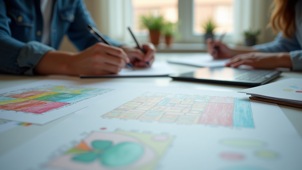 Close-up view of a modern graphic design workspace with colorful sketches