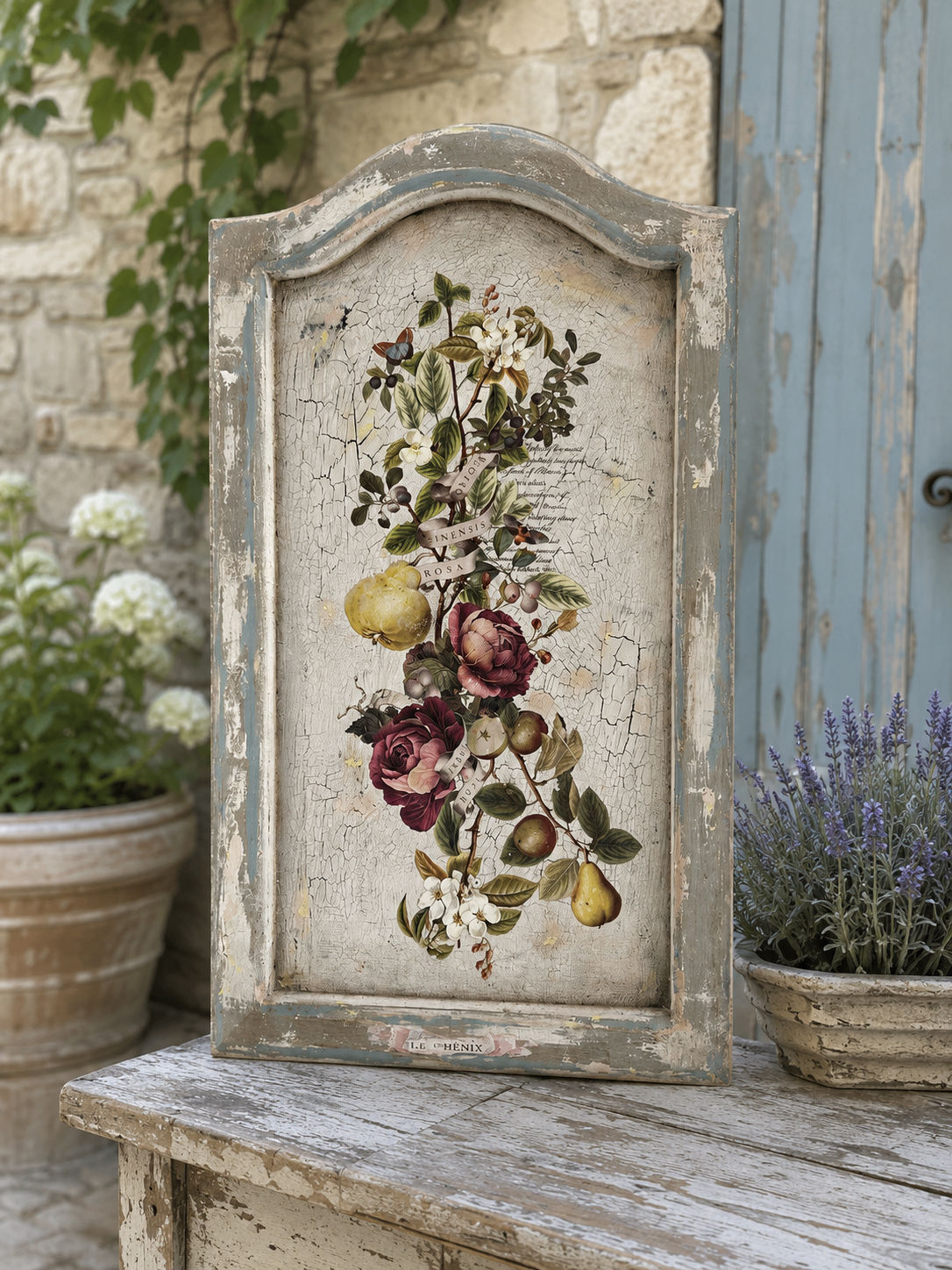 Antique French Botanical Panel – Rose & Pear Decoupage on Plaster Crackle