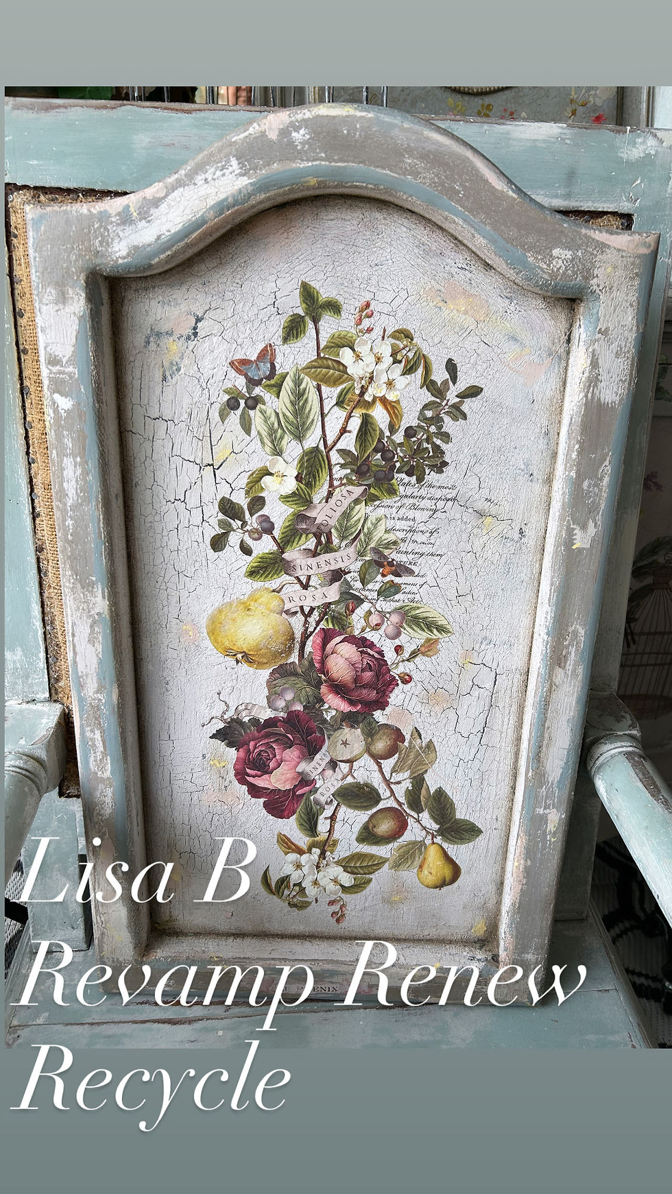 Thumbnail: Antique French Botanical Panel – Rose & Pear Decoupage on Plaster Crackle