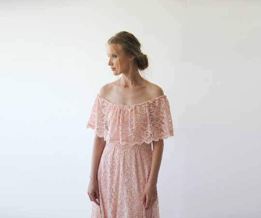 Thumbnail: Ruffled Crinkle Off-Shoulder Pink Dress #1229