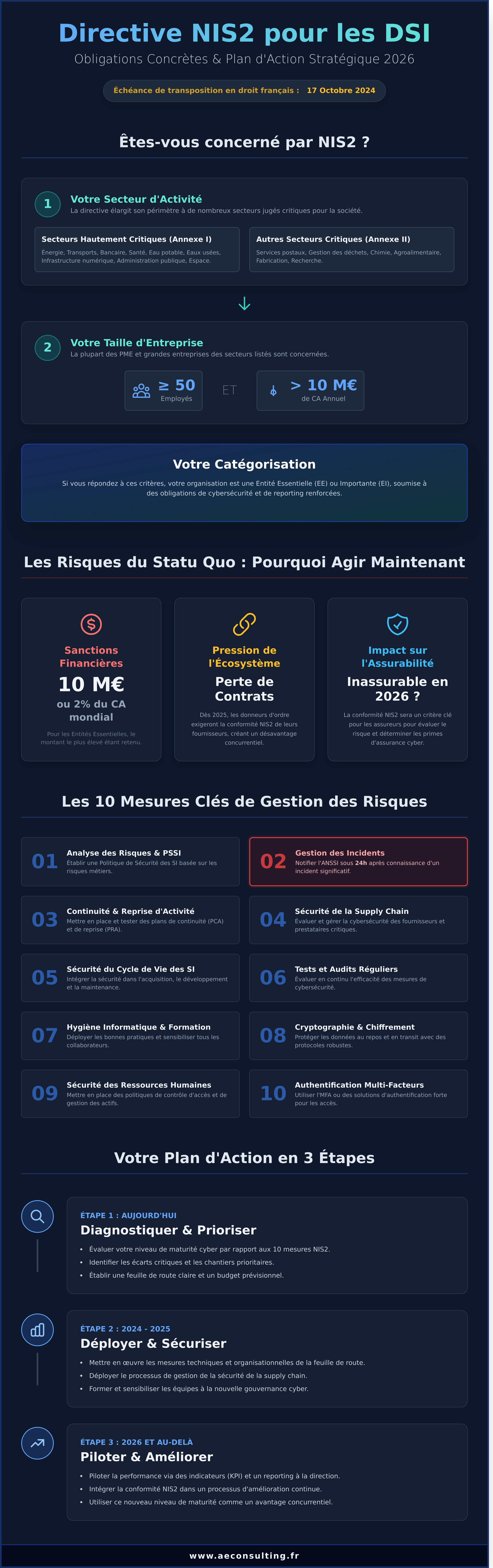 NIS2 pour les DSI : obligations concrètes et plan d'action 2025 infographic - visual guide