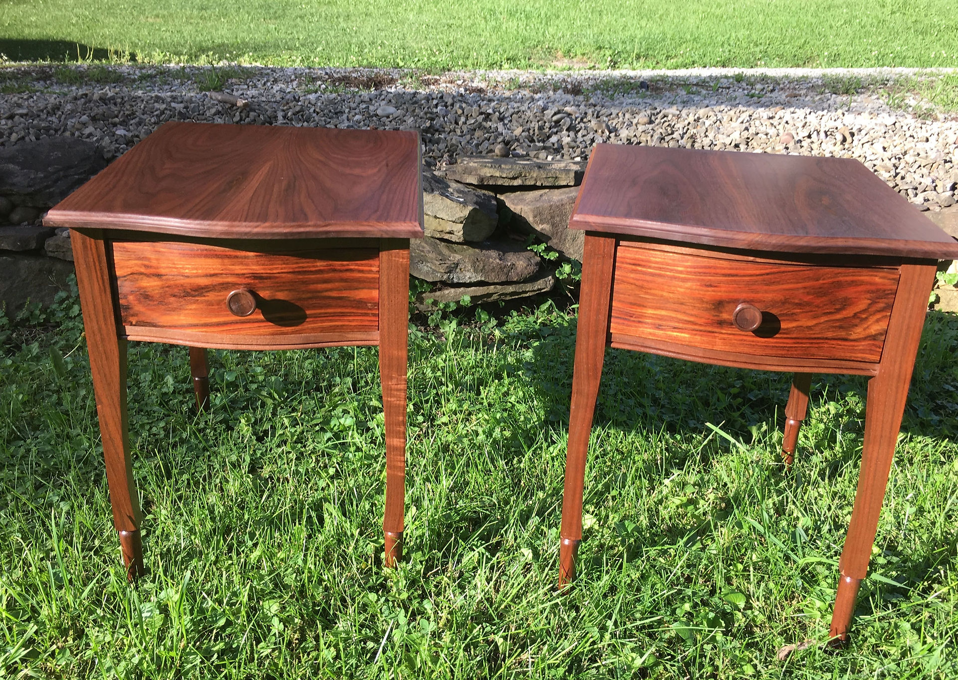 Custom twin nightstands. Walnut and Chechen wood, bookmatched with custom legs.