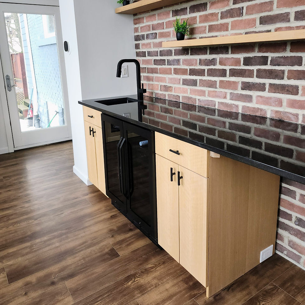 Custom white oak bar cabinets with floating shelves hung with in-house made bracket system for home in Squirrel Hill, Pittsburgh