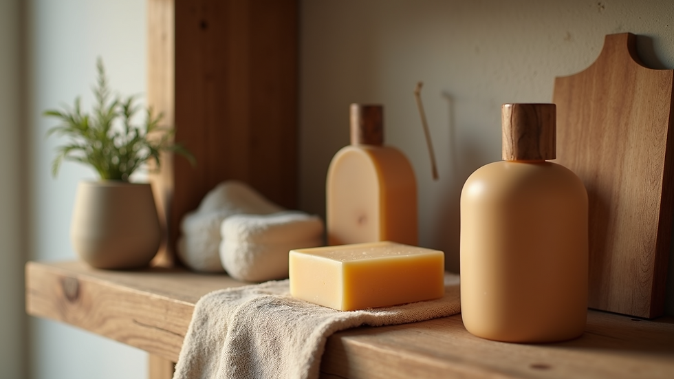 Eye-level view of a rustic bathroom shelf with natural skincare products including sandalwood soap
