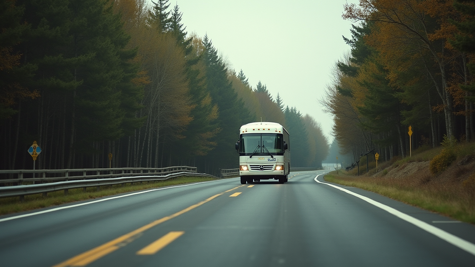 Wide angle view of a charter bus driving on a highway surrounded by trees