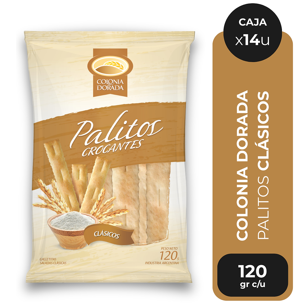 Paquete de Palitos Crocantes, clásicos. Colonia Dorada, caja x14u, 120 gr c/u.