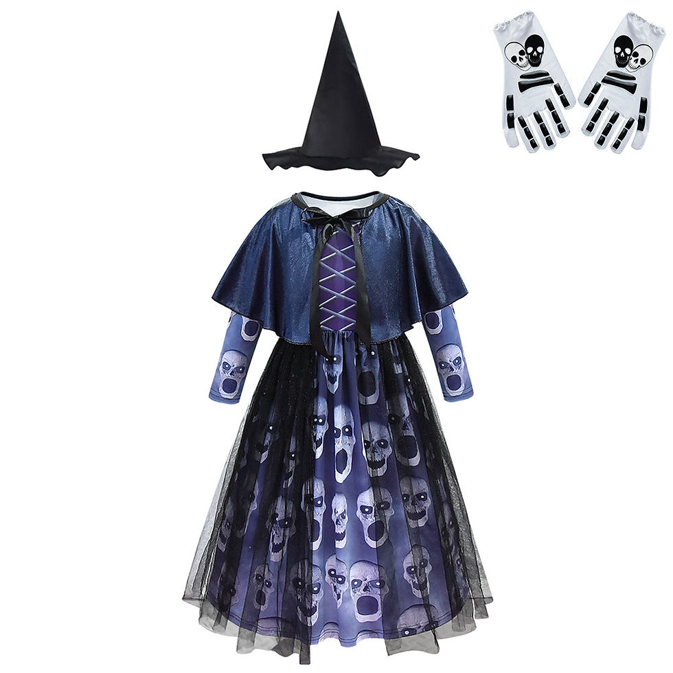 Thumbnail: Kids Spooky Skull Print Halloween Costume Dress with Cape and Gloves