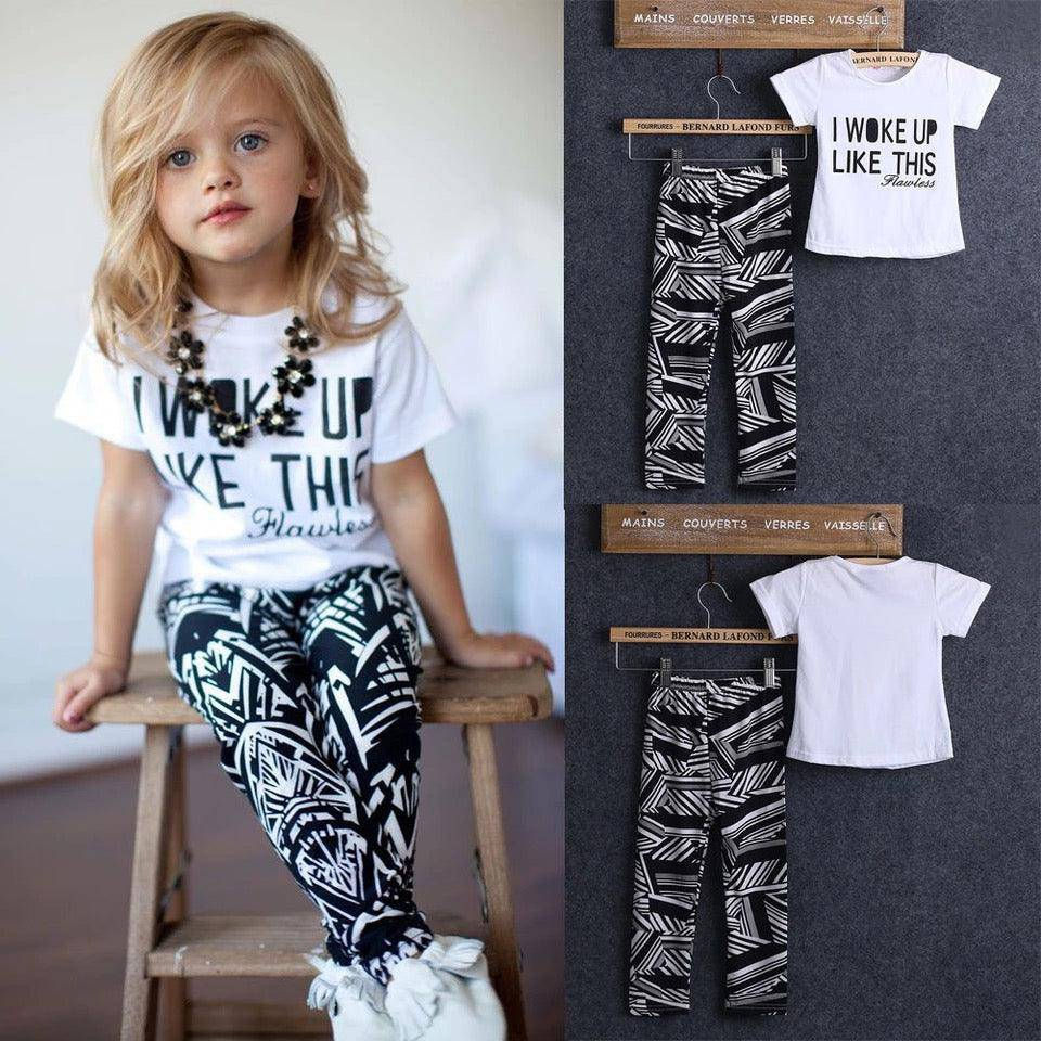 Thumbnail: Toddler Girl Zebra Stripe White T Shirt Pant Outfit