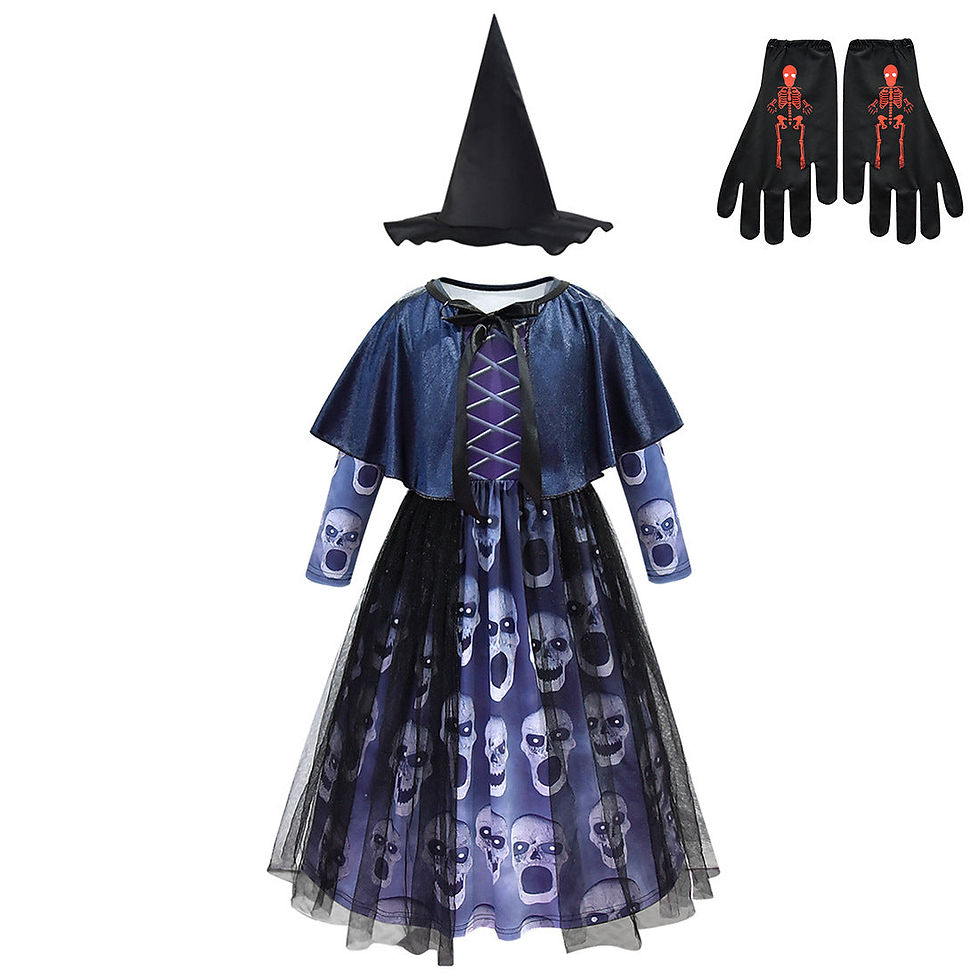 Thumbnail: Kids Spooky Skull Print Halloween Costume Dress with Cape and Gloves