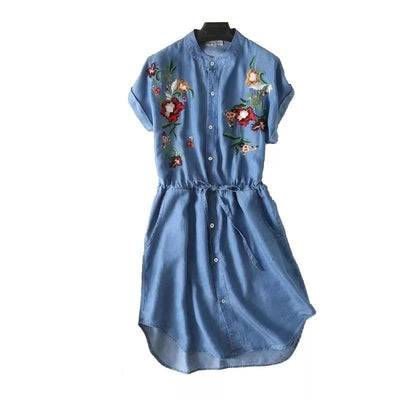 Thumbnail: Embroidered Soft Jeans Shirt Dress Women Loose Button Up Dress