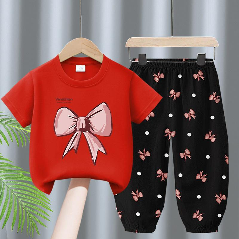 Thumbnail: Girls' Pink Bow Print T-Shirt & Polka Dot Pants Set Cute Summer Outfit
