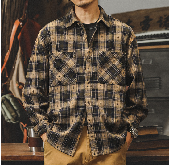 Thumbnail: Men's Vintage Plaid Flannel Shirt Western Style Long Sleeve Top