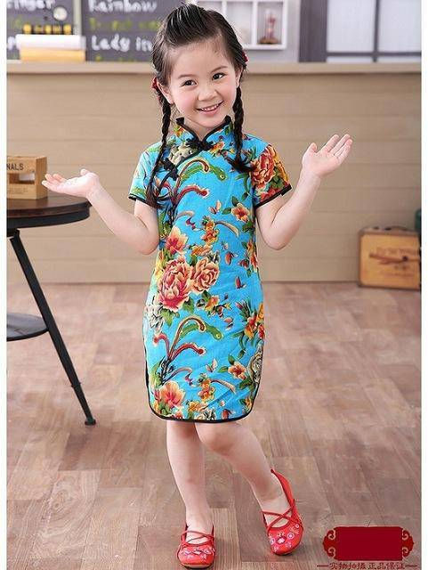 Thumbnail: Adorable Girls Short Sleeve Qipao Dress Clothes