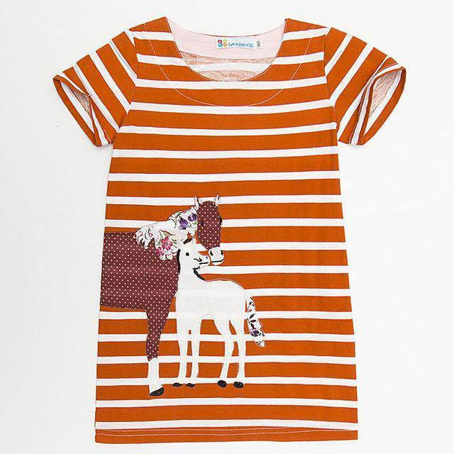 Thumbnail: Short Sleeve Striped Rabbit Sunflower Embroidered Dress