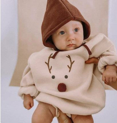 Thumbnail: Adorable Baby Reindeer Hoodie Romper with Hat Winter Outfit