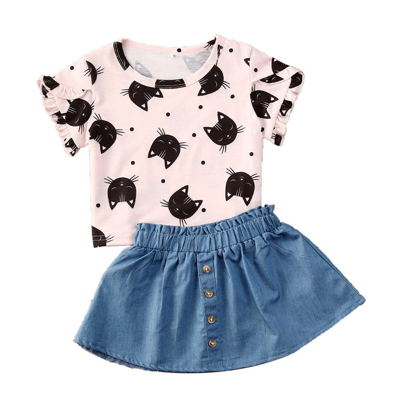 Thumbnail: Toddler Girl Cat Print Top and Denim Skirt Set Summer Outfit