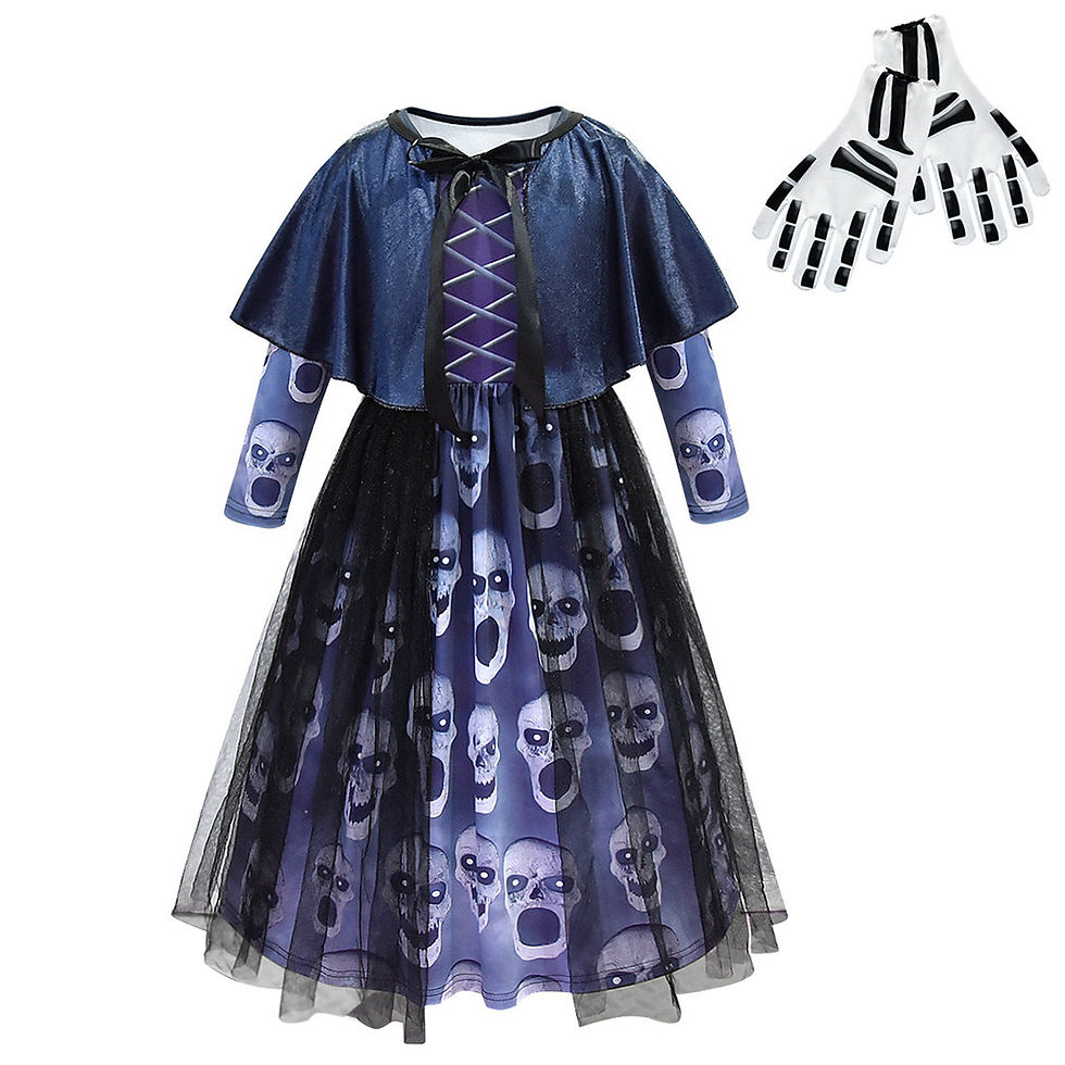 Thumbnail: Kids Spooky Skull Print Halloween Costume Dress with Cape and Gloves