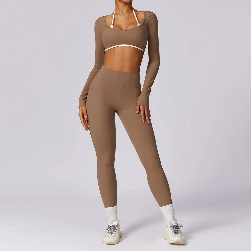 Thumbnail: 2-Piece Contrast Long Sleeve Workout Set with Halter Bra