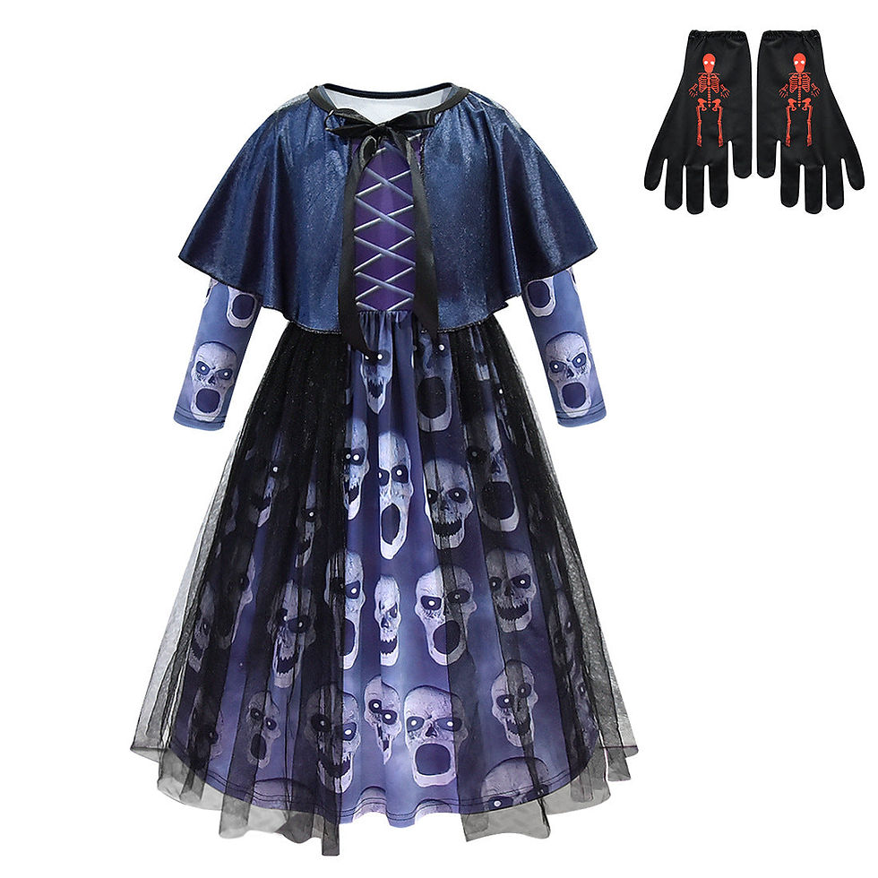 Thumbnail: Kids Spooky Skull Print Halloween Costume Dress with Cape and Gloves