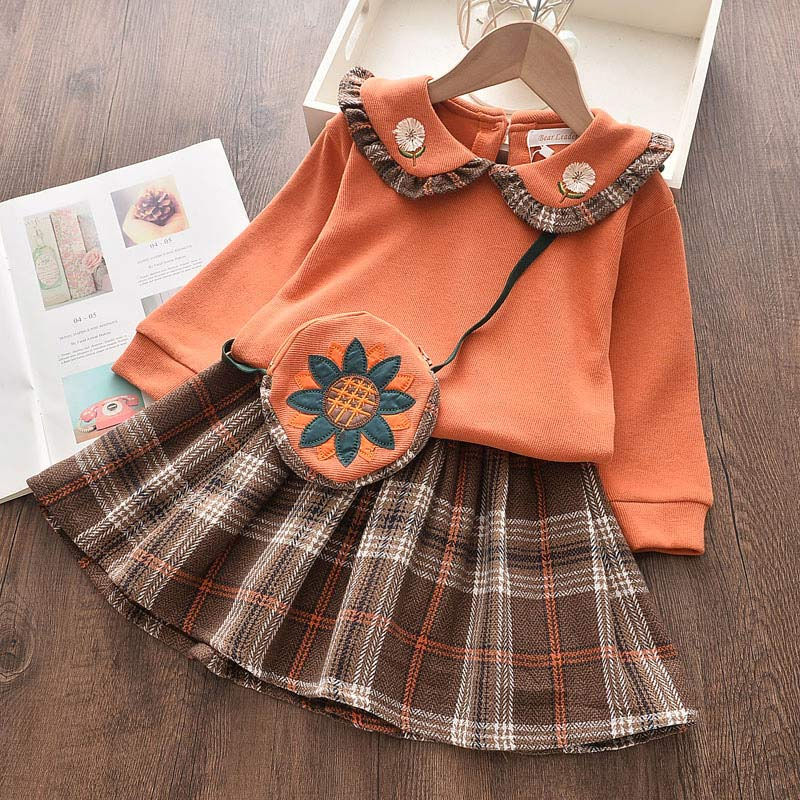 Thumbnail: Toddler Girl Fall Plaid Skirt Outfit with Flower Purse 2-Piece Set