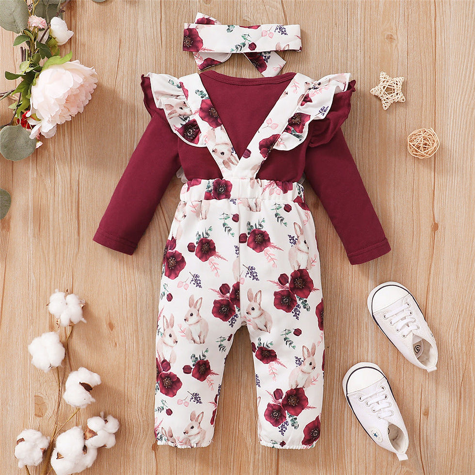 Thumbnail: Baby Girl Floral Bunny Ruffle Romper Set with Headband 3PC