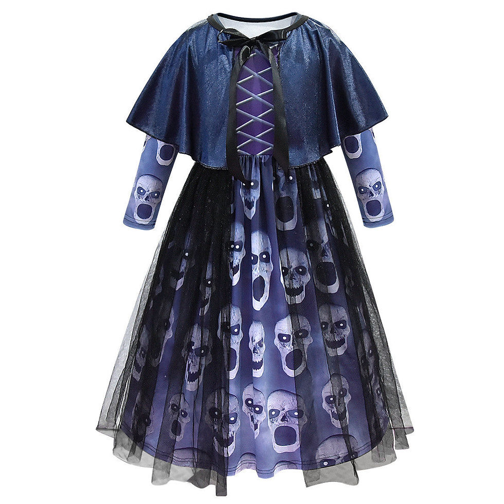 Thumbnail: Kids Spooky Skull Print Halloween Costume Dress with Cape and Gloves