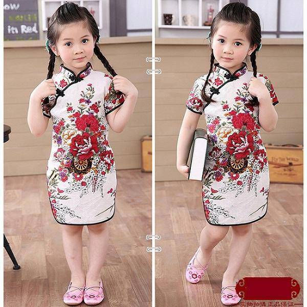 Thumbnail: Adorable Girls Short Sleeve Qipao Dress Clothes