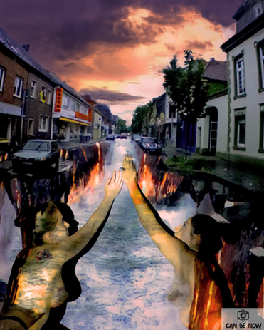 2 topless women reaching for the horizon in projection photography