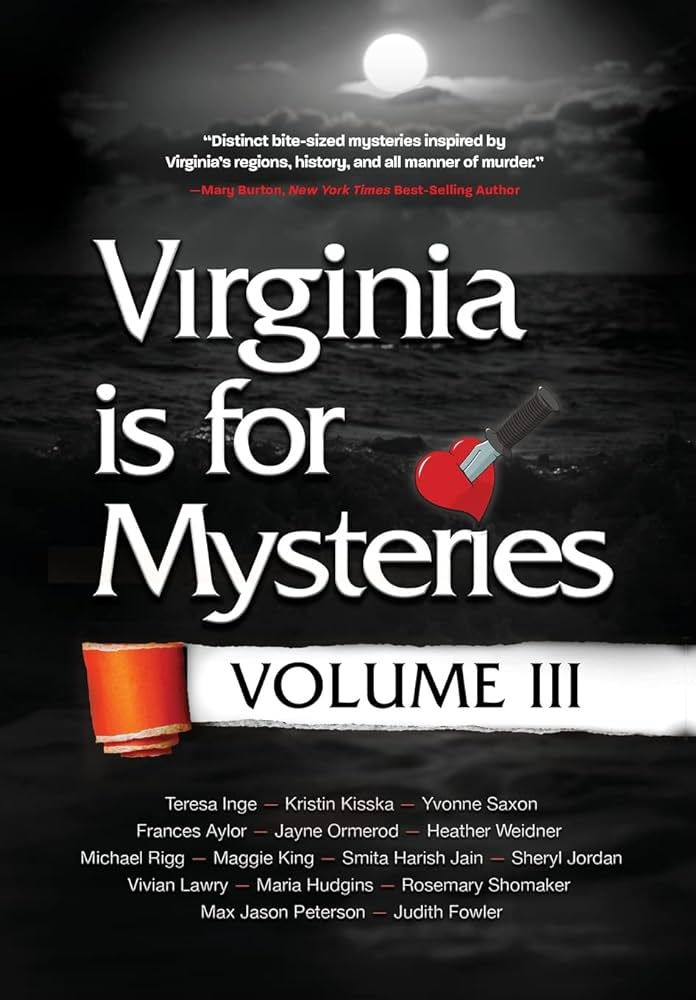 Virginia is For Mysteries, Vol 3. A gray scale cover of roaring waters and bright sun in a cloudy sky.
