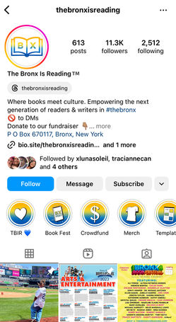 The Bronx Is Reading instagram page featuring icons, posts, and information about TBIR.